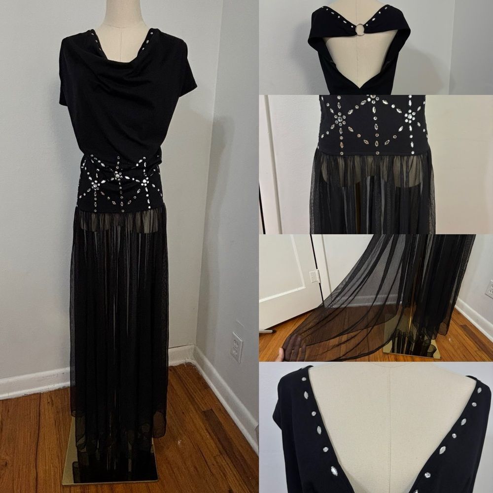 Vtg Nom De Plume Black Mesh Maxi Dress M Whimsigoth Rhinestone Cowl Neck Goth - Picture 14 of 15